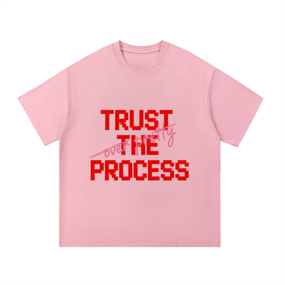 ODMPOD F3THY “Trust The Process” quote print in black, white, and apricot, front and back view of wall art.