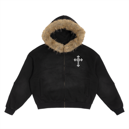 F3THY Sunfade Boxy Hoodie with Detachable Fur Trim