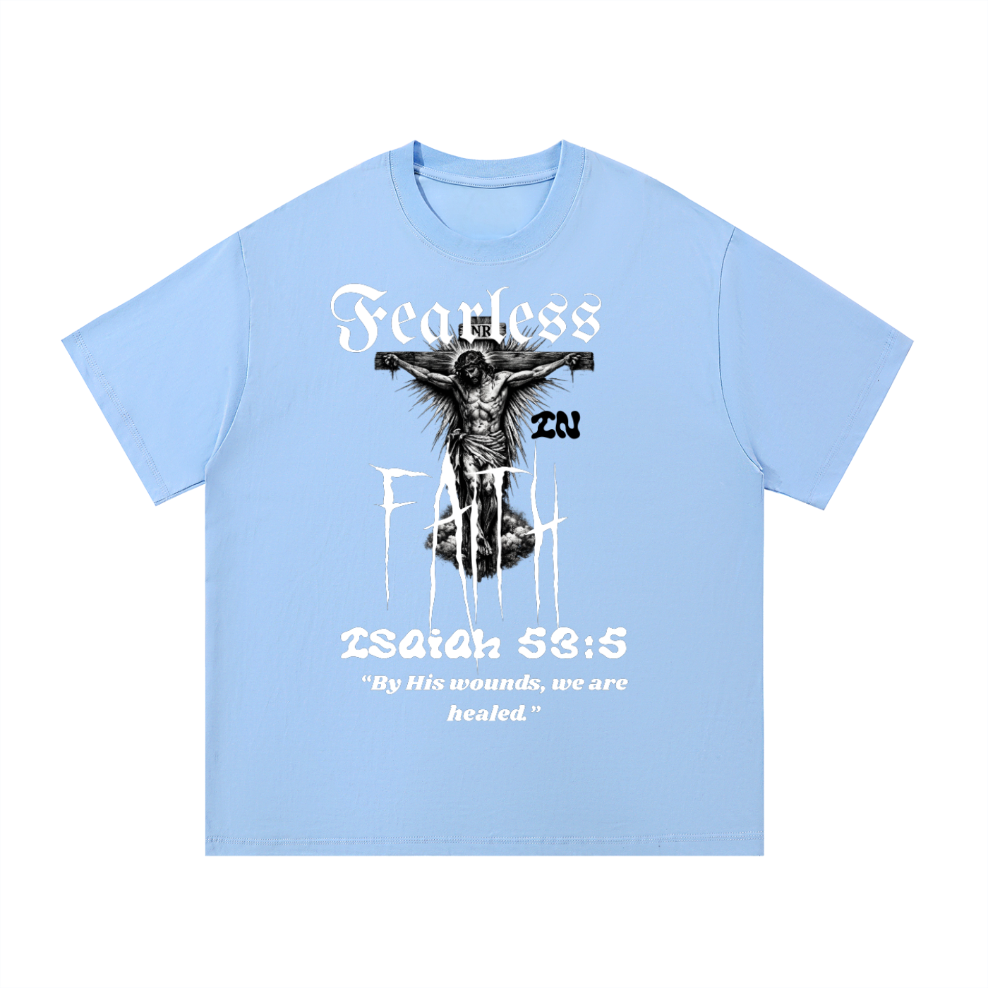 ODMPOD Fearless Faith T-shirt with front and back print, showcasing bold faith-themed graphic design on soft cotton fabric.