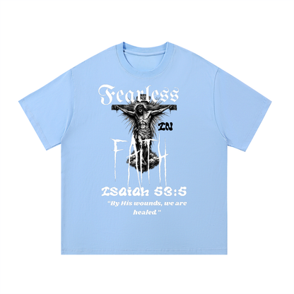 ODMPOD Fearless Faith T-shirt with front and back print, showcasing bold faith-themed graphic design on soft cotton fabric.
