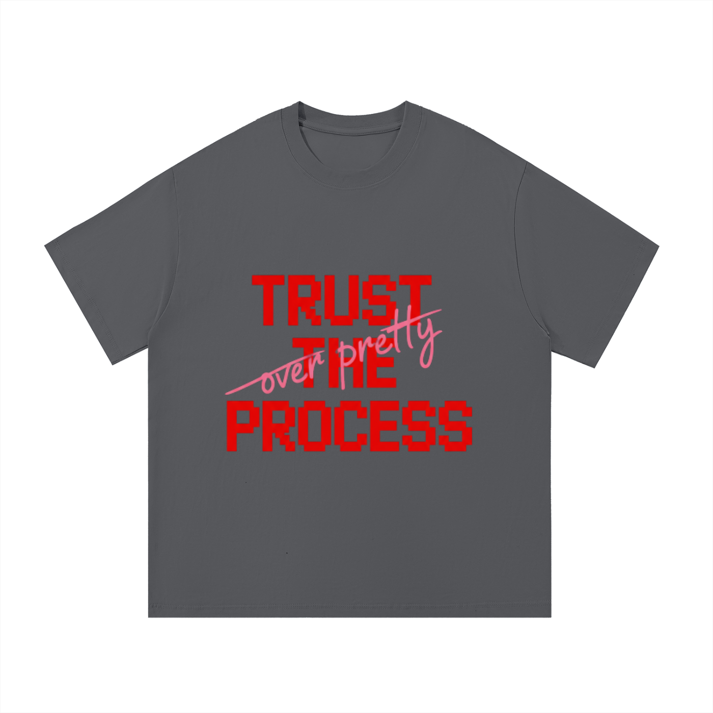 ODMPOD F3THY “Trust The Process” quote print in black, white, and apricot with front and back design on paper.