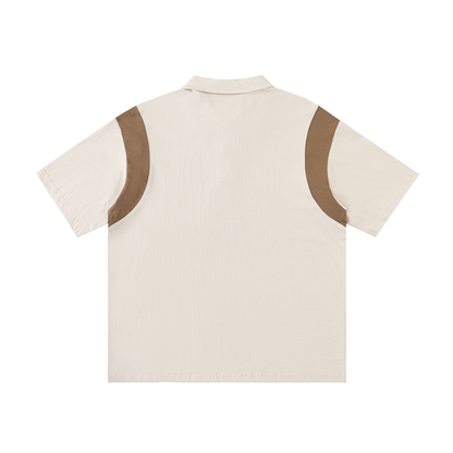 ODMPOD F3THY contrast panel front print oversized cotton polo shirt with bold design and relaxed fit, front view.