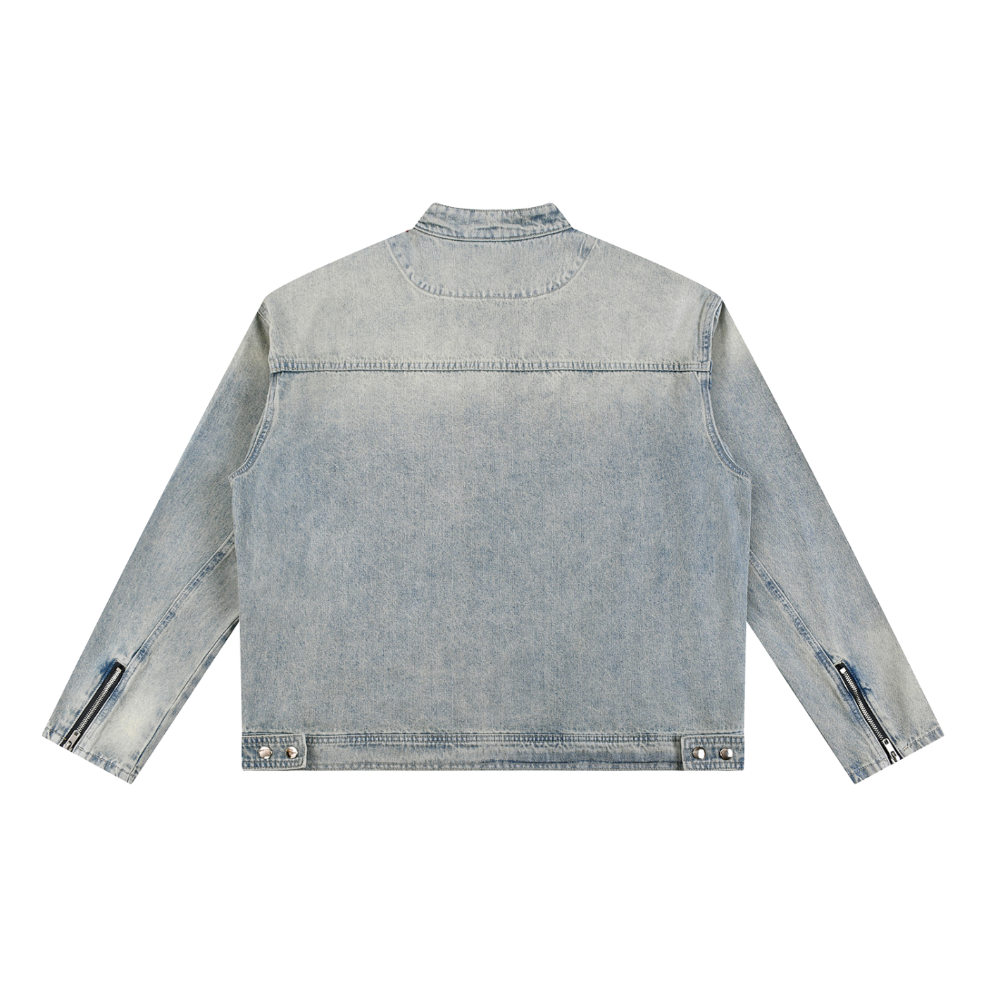 ODMPOD F3THY Vintage Wash Oversized Denim Zip Jacket with front zipper and relaxed fit, displayed on a hanger.