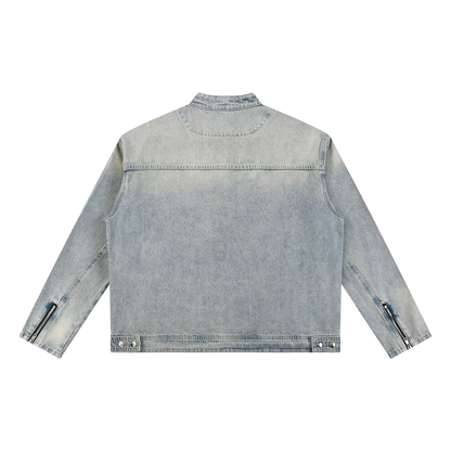 ODMPOD F3THY Vintage Wash Oversized Denim Zip Jacket with front zipper and relaxed fit, displayed on a hanger.