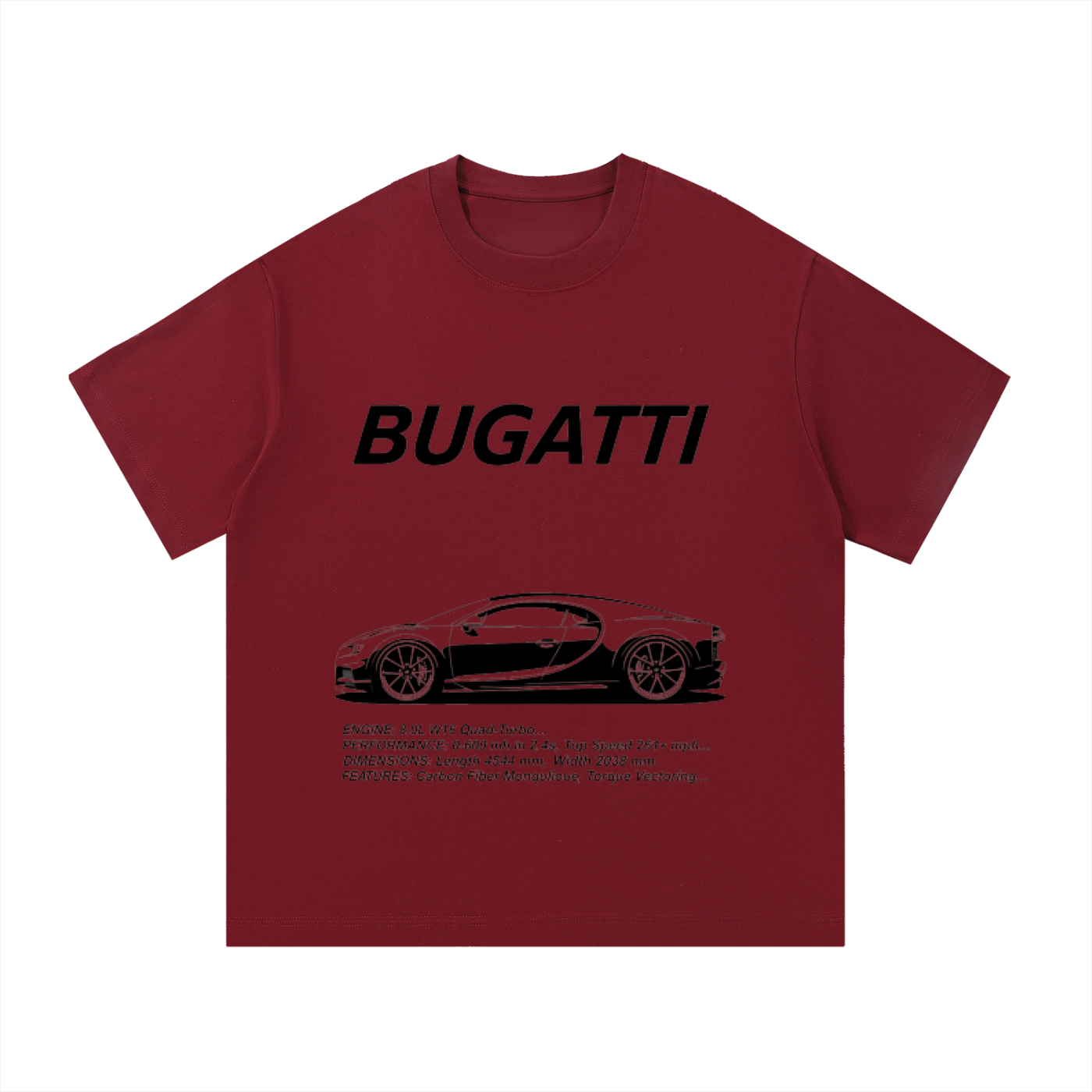 ODMPOD F3THY Bugatti Chiron T-shirt featuring a detailed graphic of the luxury sports car on soft fabric.