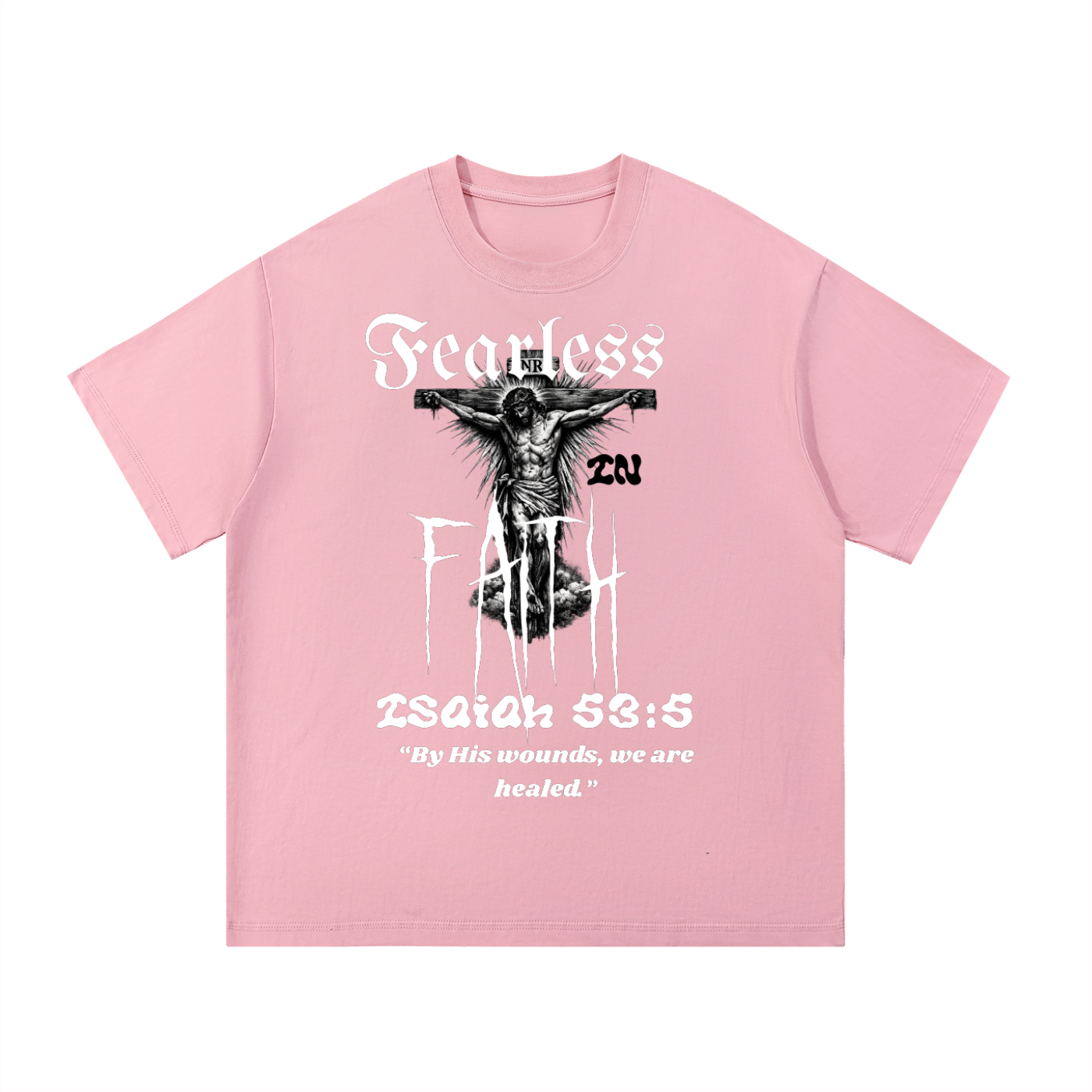 ODMPOD Fearless Faith T-shirt with front and back print, featuring bold graphic design and inspirational text on a black cotton tee.