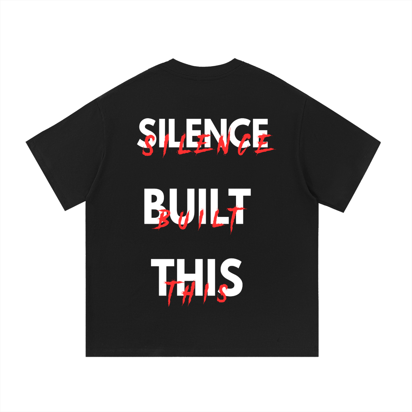 ODMPOD F3THY “Silence Built This” front and back print T-shirt featuring bold graphic design and comfortable fit.