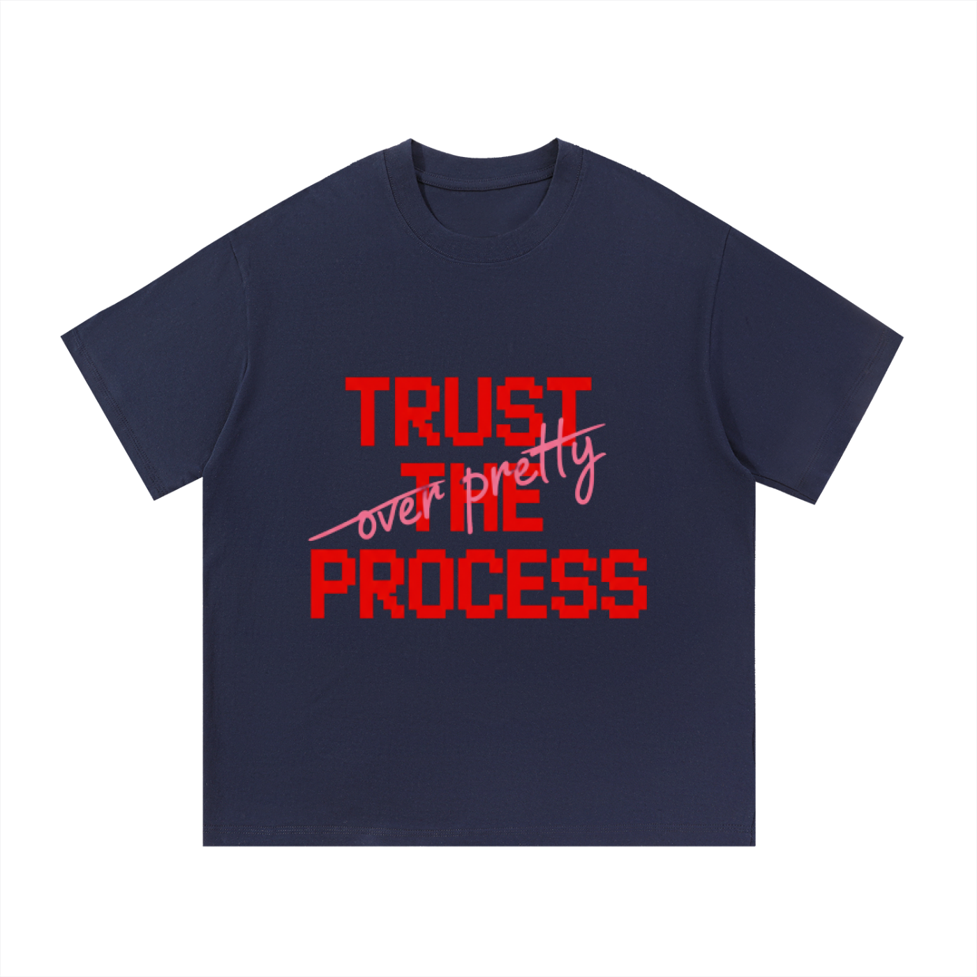 ODMPOD F3THY “Trust The Process” quote print in black, white, and apricot with front and back designs on paper.
