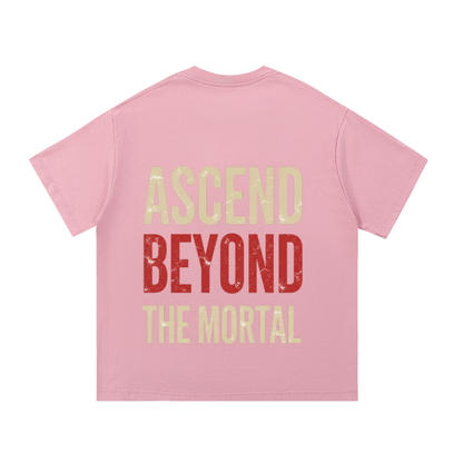ODMPOD F3THY 'Ascend Beyond The Mortal' T-shirt with front and back print, featuring bold graphic design and graphic text.