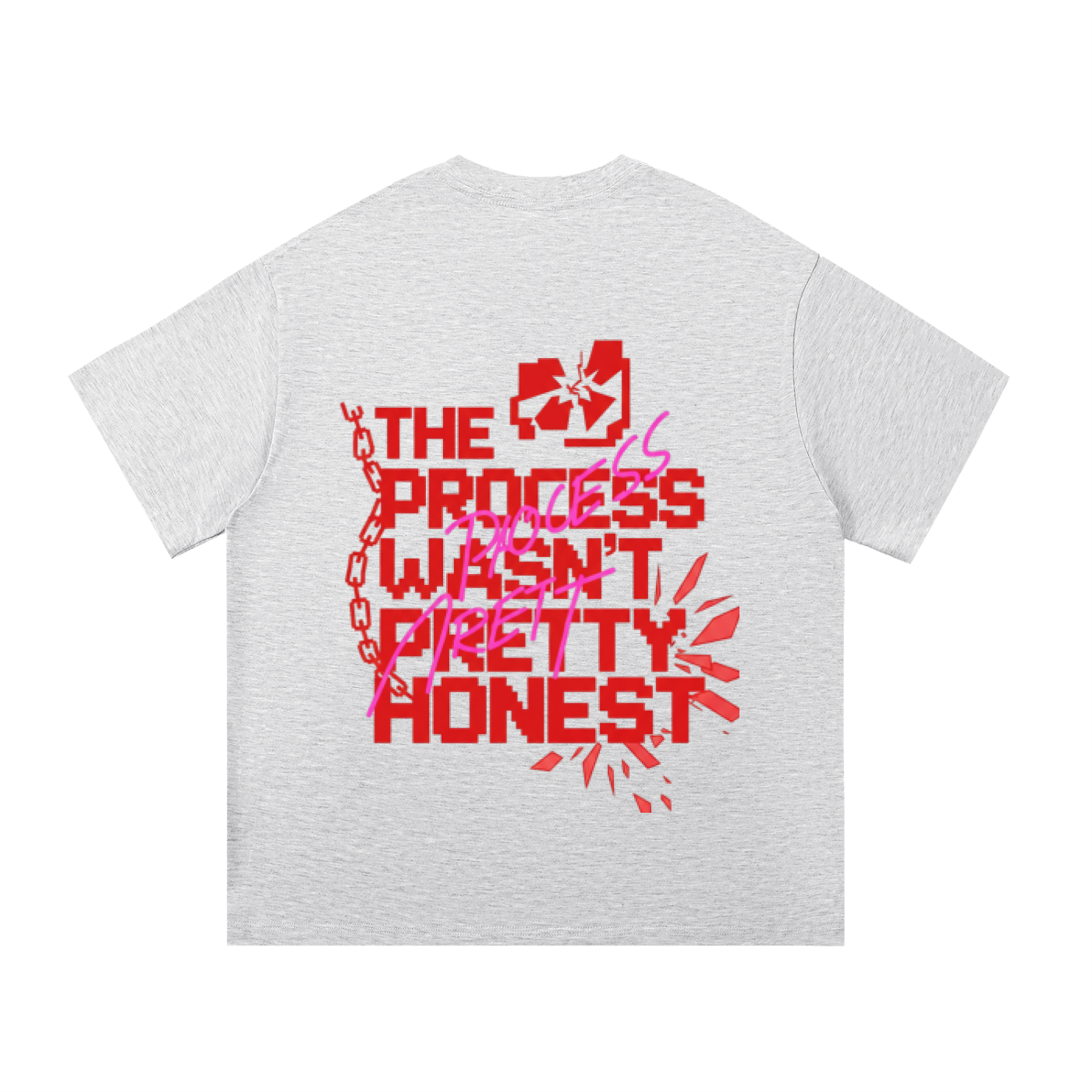 F3THY ODMPOD quote print with "Trust the Process" on front and back, featuring black, white, and apricot colors.