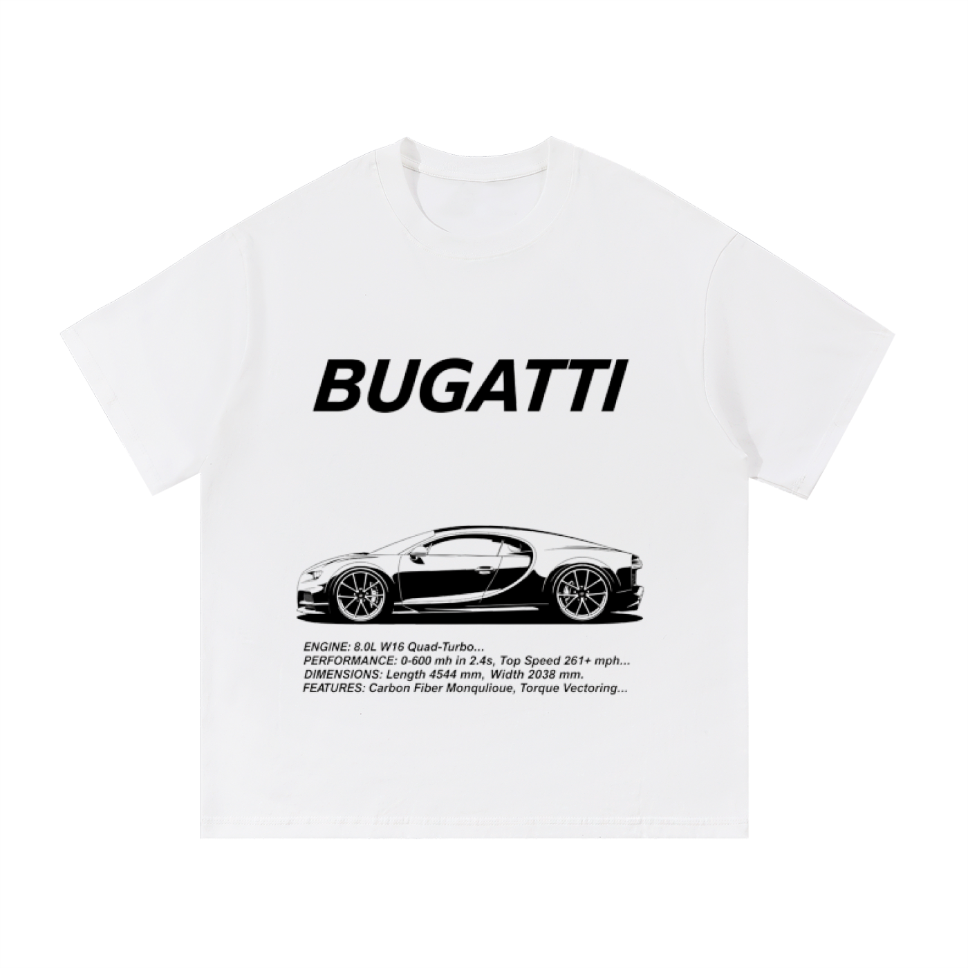 Black Bugatti Chiron T-shirt by ODMPOD featuring a detailed graphic of the luxury car on the front.
