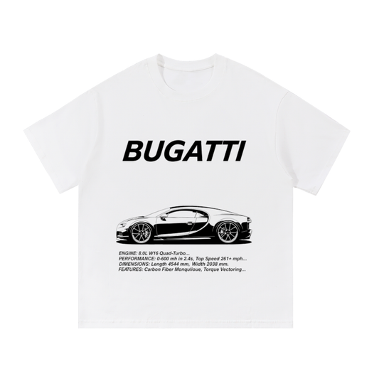 Black Bugatti Chiron T-shirt by ODMPOD featuring a detailed graphic of the luxury car on the front.