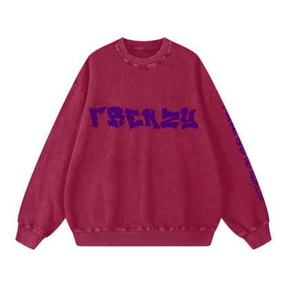 ODMPOD F3THY “FRENZY” snow washed crewneck sweatshirt with a relaxed fit and casual style, shown in a front view.
