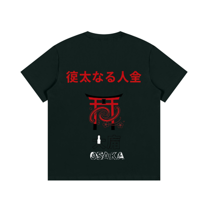 ODMPOD F3THY Osaka Great Hill T-shirt with front and back prints in black, blue, and green colors.